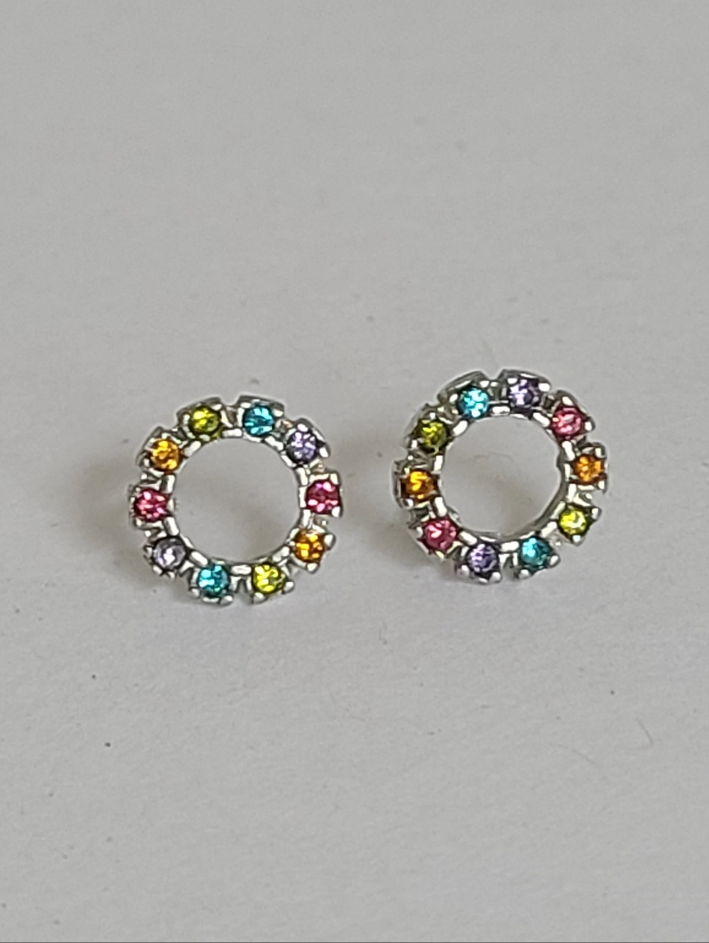 Vintage Silver Rainbow Colourful Crystal Rhinestone Open Circle Stud Earrings